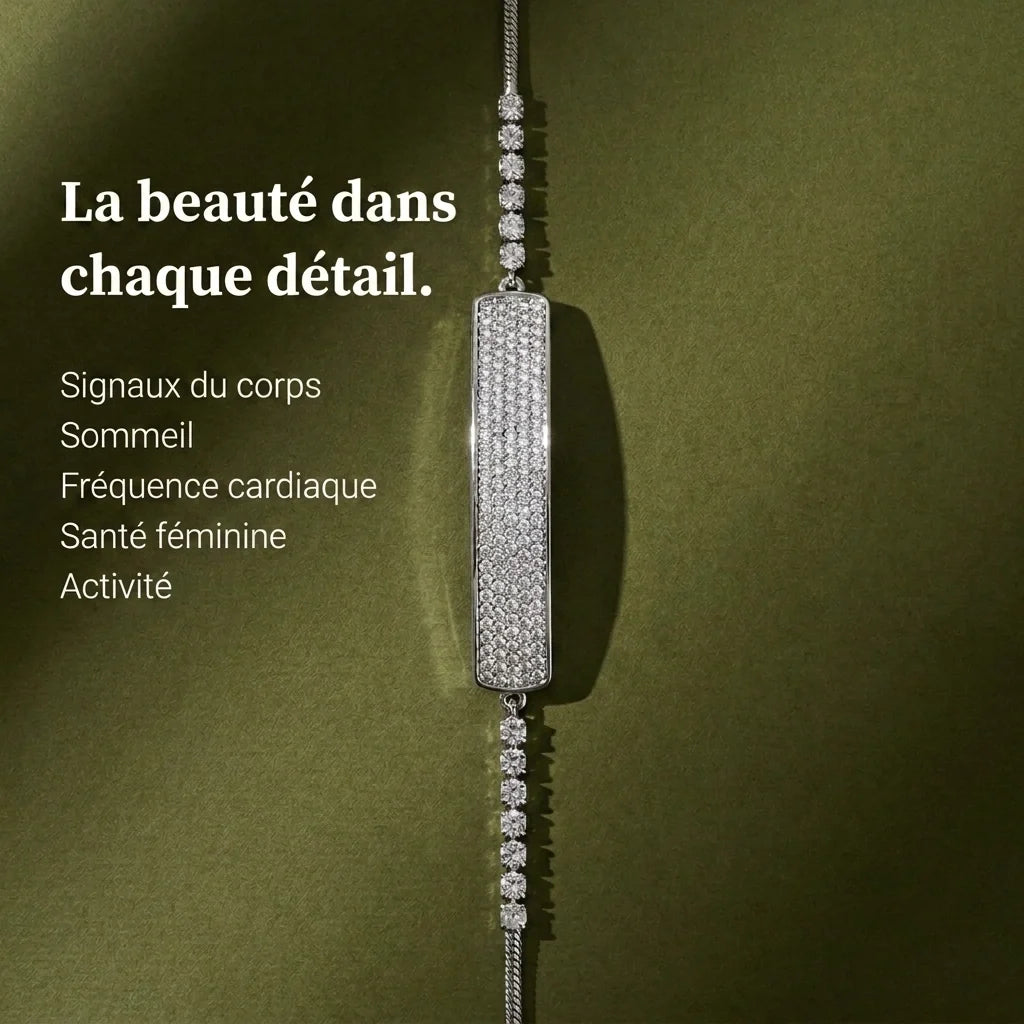 [FR] Détail du pavage de cristaux du bracelet Tetra argent