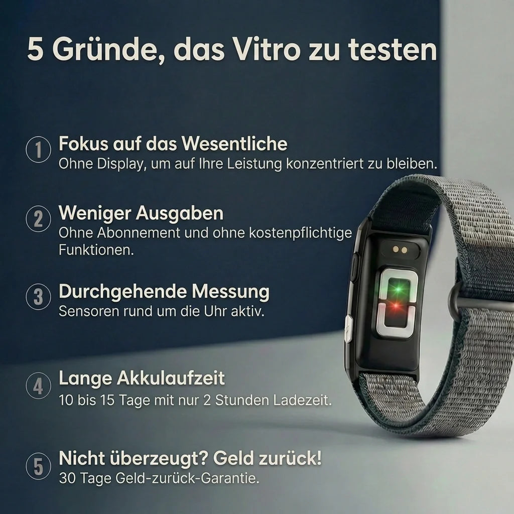 5 Gründe für das Vitro: ohne Display, ohne Abonnement, Sensoren rund um die Uhr, 10-15 Tage Akkulaufzeit [DE]